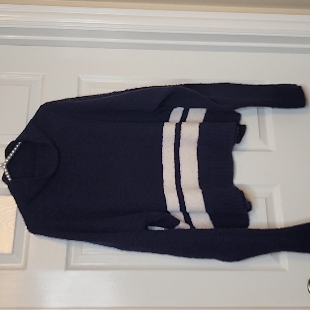UGG Womens Longsleeve Plush Mockneck Blue White Stripe Sweater - Picture 2 of 11